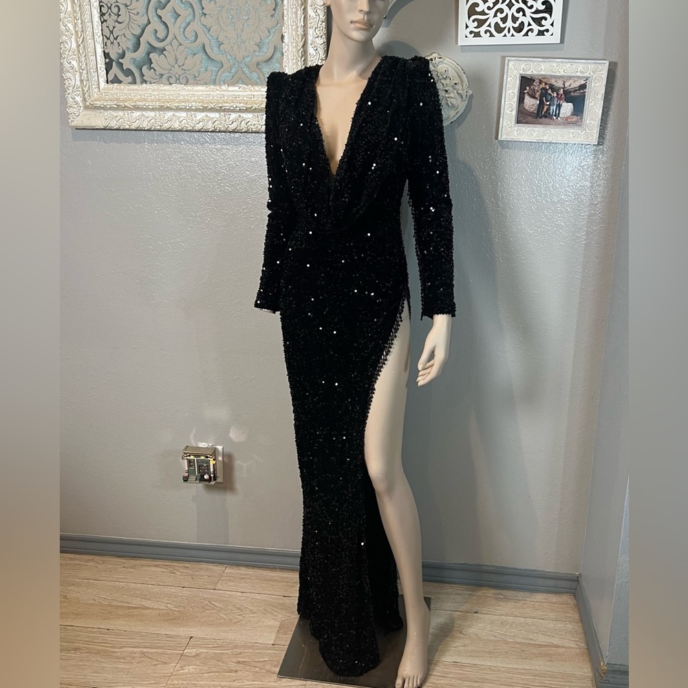 Black Sequin Deep V-Neck cowl neckline Long Sleeve Evening Gown - Picture 2 of 14